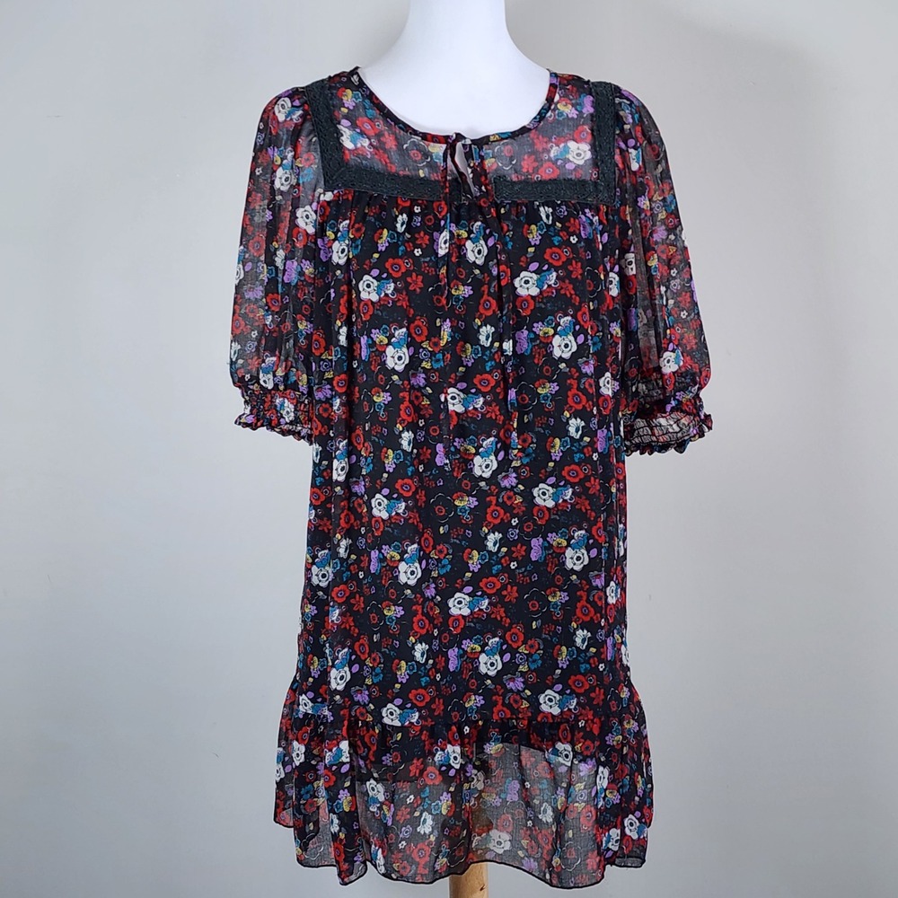 Chiffon Dress Womens M Black Floral Smocked Ruffle Boho Romantic Cottage Tunic